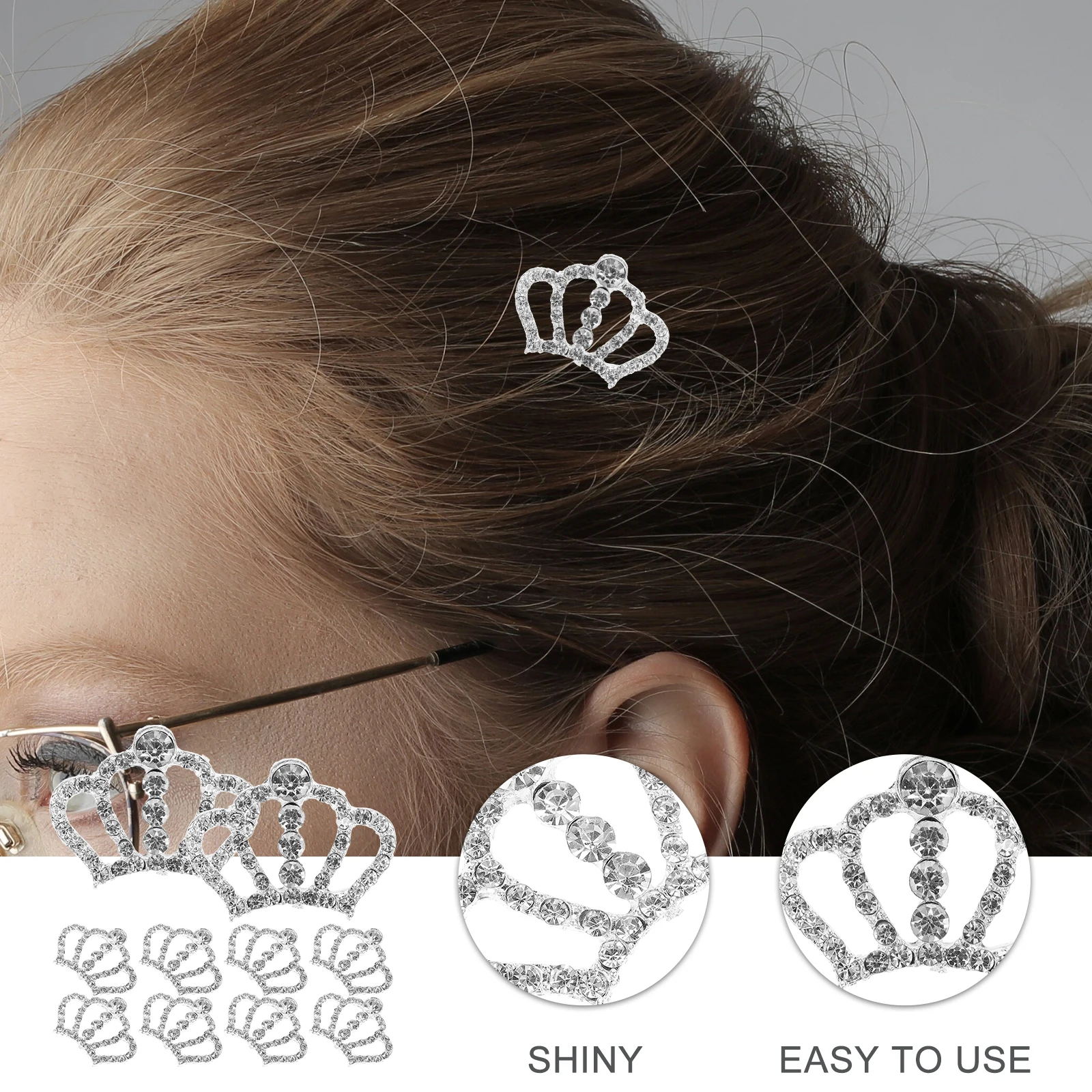 

10pcs Crown Shape Rhinestone Embellishments Craft Supplies Garment Bags Headband Gift Wrapping Cellphone Decoration Silver Color
