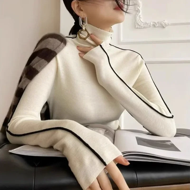 2024 Fashion Turtleneck Knitted Pullovers Women Autumn Winter Slim Fit Long Sleeved Top Elegant Office Lady Black White Sweaters