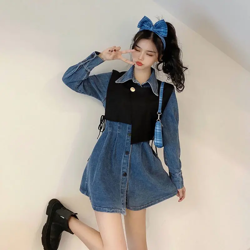 

Denim Dress Suit Women's Spring Autumn 2023 New Retro Design Feeling Slim Waist Long Sleeve Short Dresses Two Piece Set