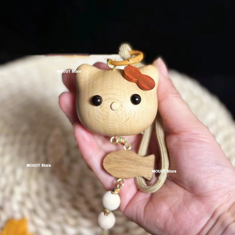 Beech Wood Carving Cat Eating Fish Figurine Cute Lucky Cat Bag Car Interior Hanging Rearview Mirror Pendant Birthday Gift