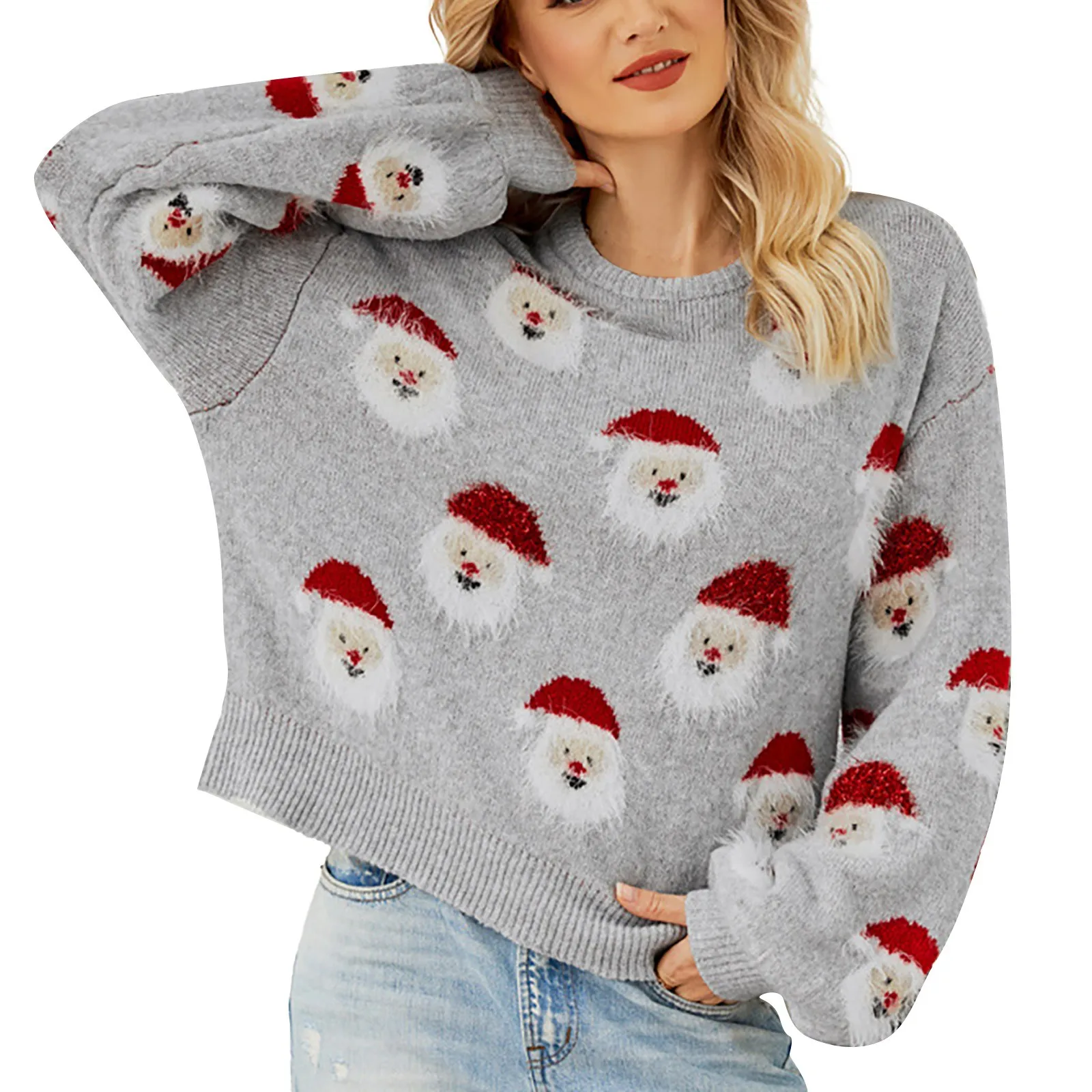 Leisure Trendy Thermal Female Knitwear Women\'s Christmas Knitted Sweater Cute Santa Head Pattern Round Neck Ladies Pullovers