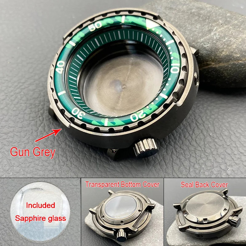 

Mod 47mm Gun Grey Tuna Canned Watch Case Fits NH35 NH36 4R 7S Automatic Movement 20ATM Waterproof Men Diving Cases Customized