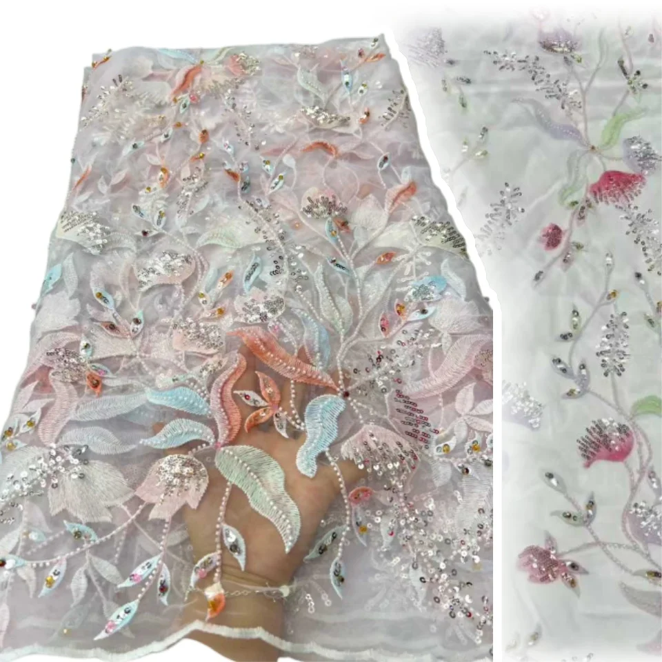 

Африканская кружевная ткань с 3D цветочными бусинами, 2022, высокое качество, французская нигерийская тюлевая ткань с вышивкой для шитья свадебного платья CC1307