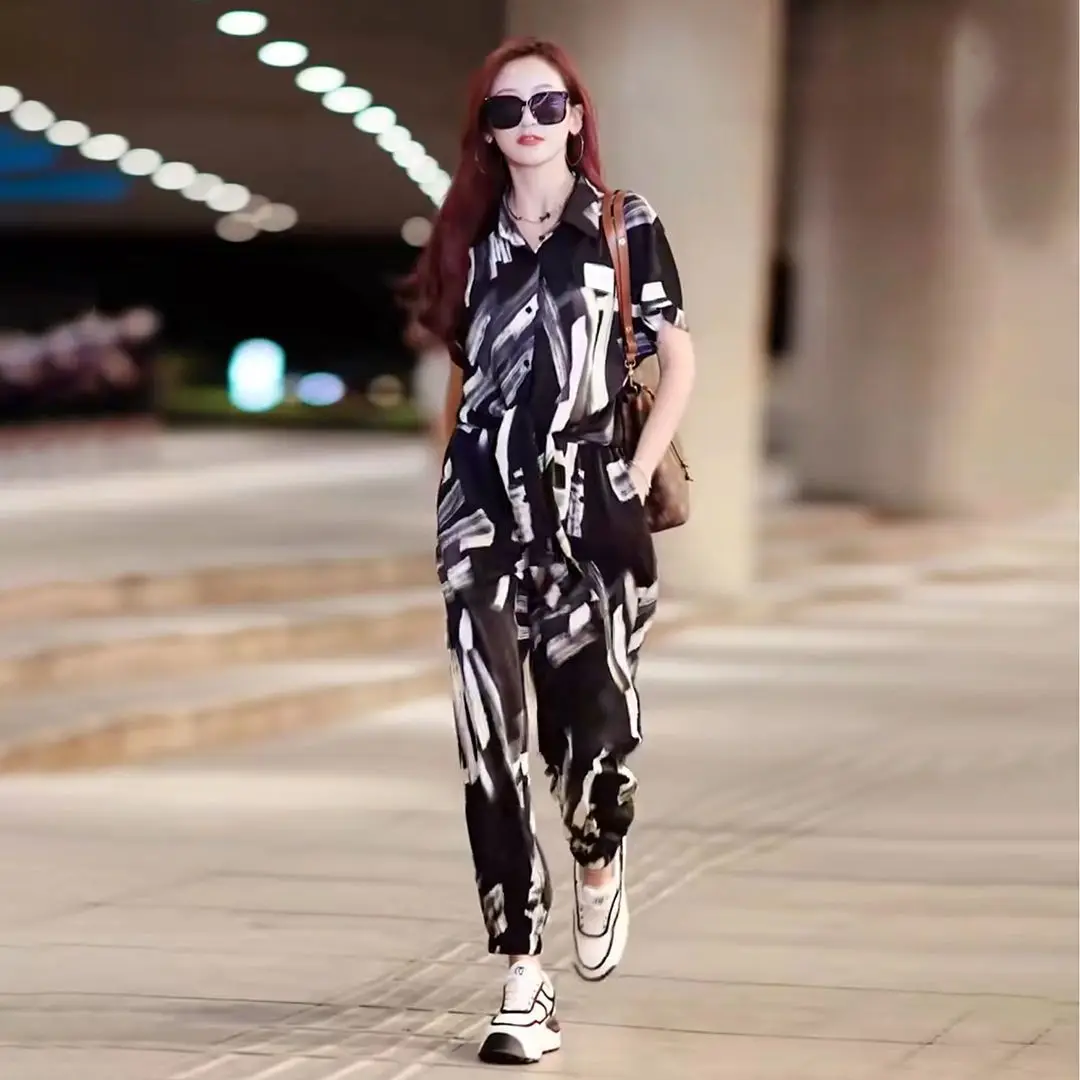 Chiffon Ladies Trouser Floral Summer 2024 Women\'s Top and Pants Two Piece Set Aesthetic Chic Elegant Clothing Trend Promotion D