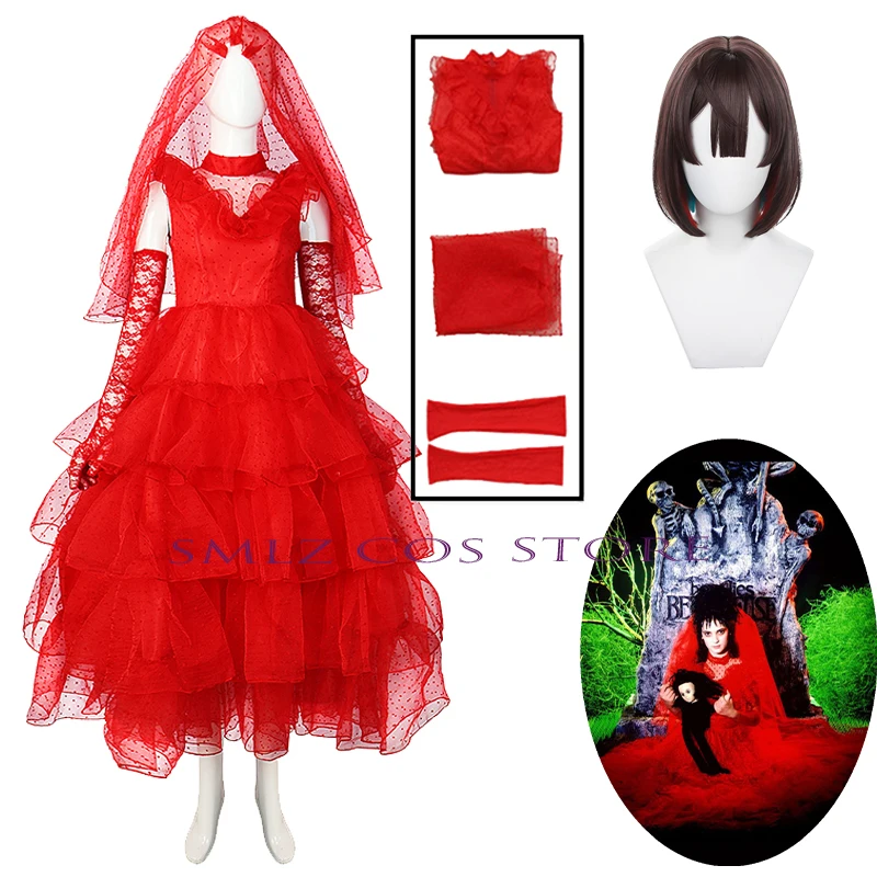 

Anime Beetle Costume Lydia Cosplay Red Dresses Uniform Wedding Dress Wig Set Halloween Party Horror Outfit for Women