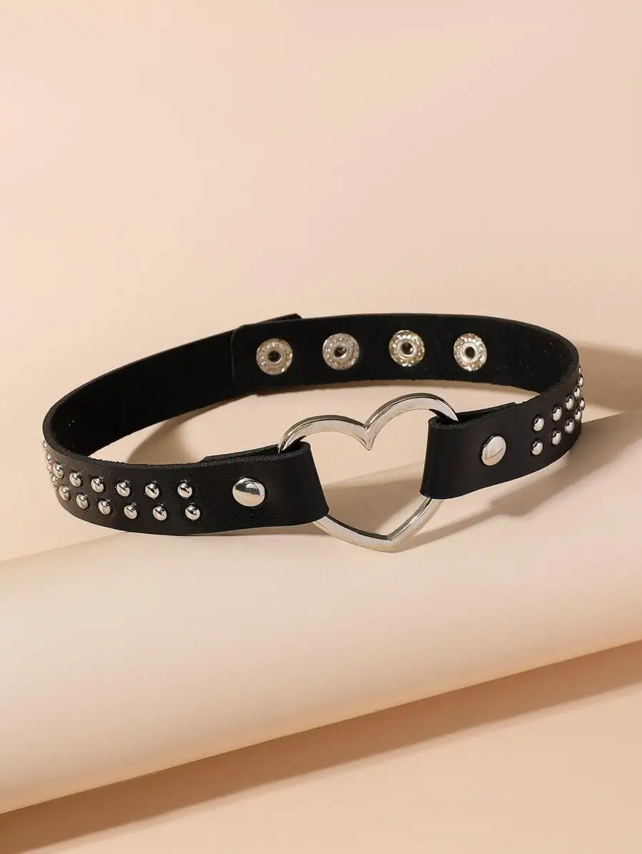 Damen-Gürtel im Punk-Stil, Halskette aus Kunstleder mit metallischem Herzanhänger und Schnalle, als Hip-Hop-Street-Accessoire für Damen. – Detail 1