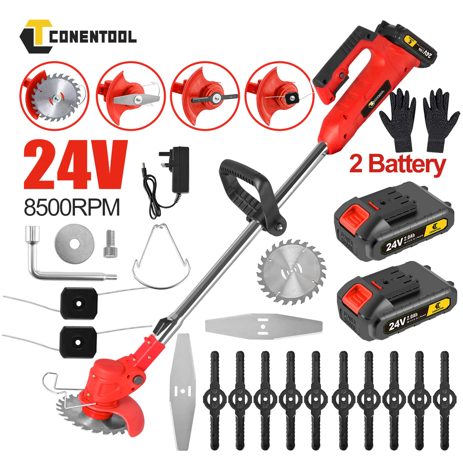 Conentool 24V Bezprzewodowa Kosa z Metalowym Ostrzem, Teleskopowa Kosiarka Elektryczna z 2x2000mAh Akumulatorami, Trymer do Trawy