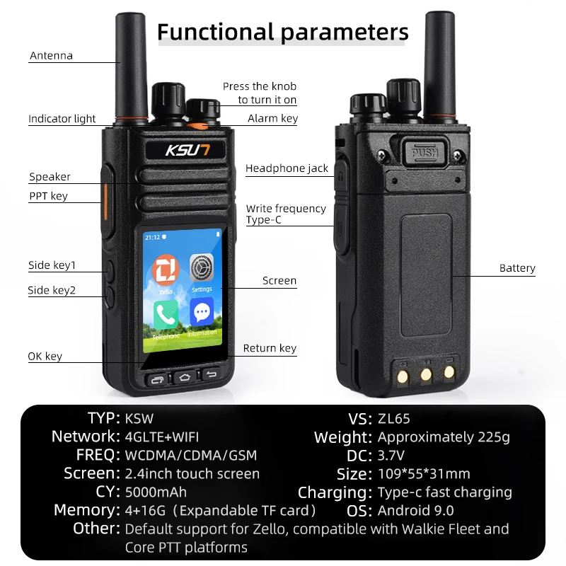 Long Range Walkie Talkie POC Network 4G LTE Wifi Radio ZELLO KSUN ZL65 Android 9.0 Two Way Radio Unlimited Distance Global