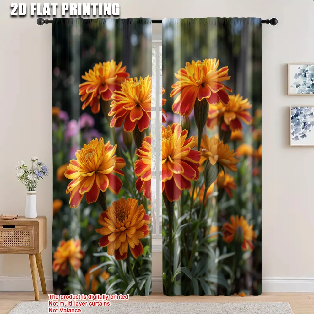 

2pcs, 2D flat printing Window Curtains Colored flowers Durable 100% Polyester Fabric,Without Electricity summer party
