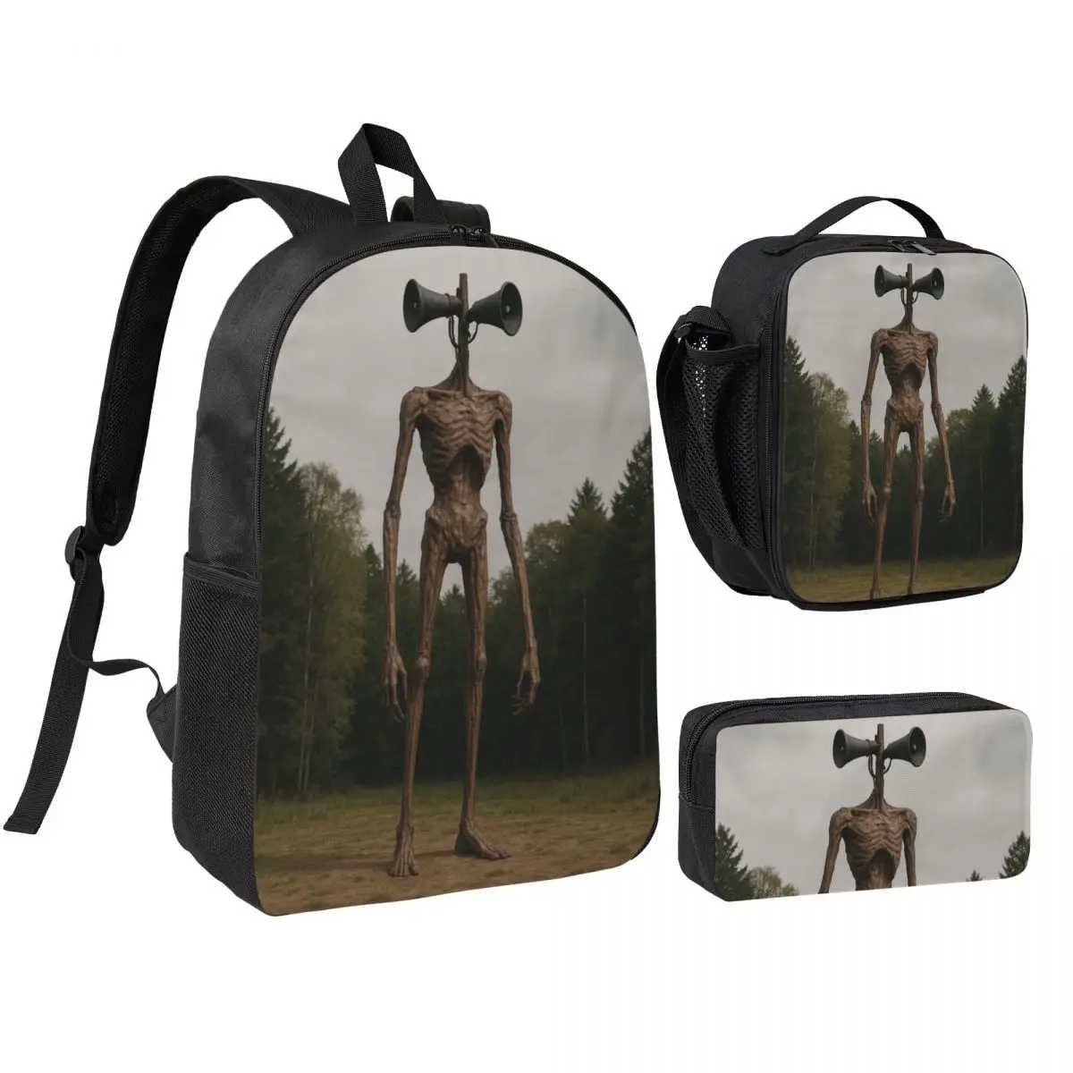 3Pcs Siren Head In Dark Forest School bags Set for Boy Girl Pencil Boxes Backpack Sets with Lunch Box For School Daypack