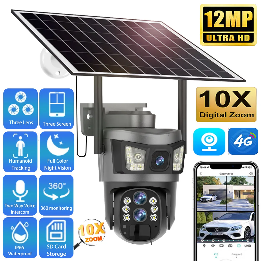 

Solar Camera 4G Sim Outdoor Surveillance Wireless 6K 12MP 10X Zoom Solaire Cameras Three Screen 360 PTZ CCTV Security Cam V380