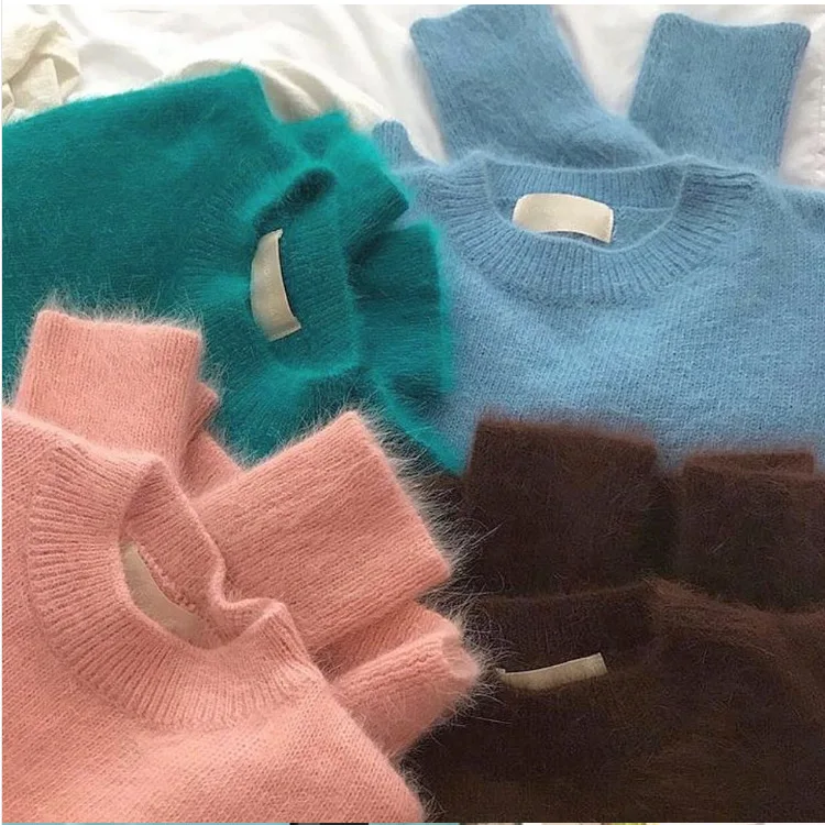 

Koean Instagam Popula Candy Coloed Mink Fu Fo Women's Autumn And Winte Casual Vesatile Loose Ound Neck Wam Knit