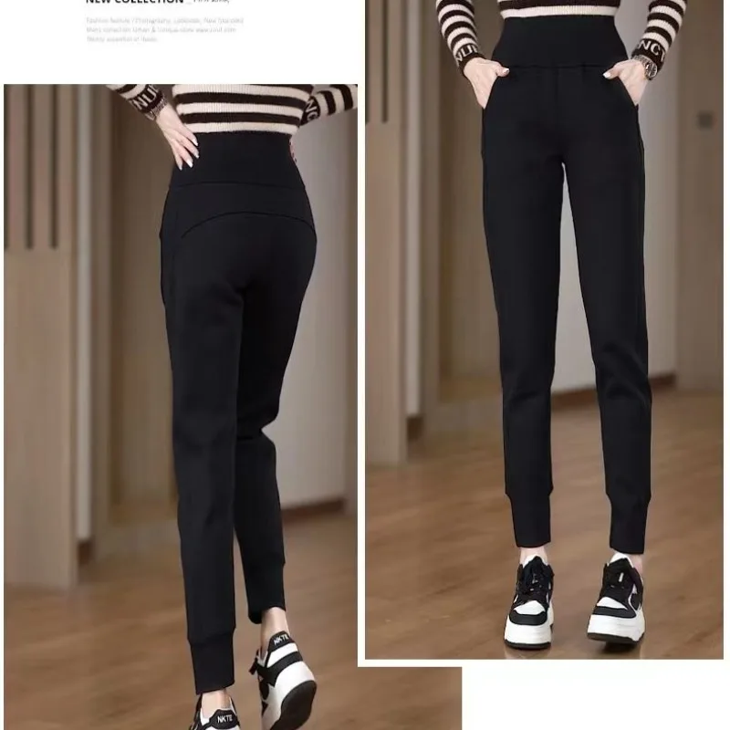 Women's Autumn Winter Drawstring Pockets Flocking Elastic High Waist Solid Casual Sports Haren Loose Trousers Fashion Pants