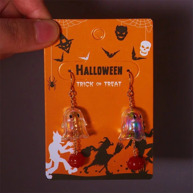 Niedliche Halloween-Harz-Geister-Ohrstecker für Damen, modische Cartoon-Kürbis-Anhänger-Piercing-Ohrringe, Schmuckgeschenke – Detail 27