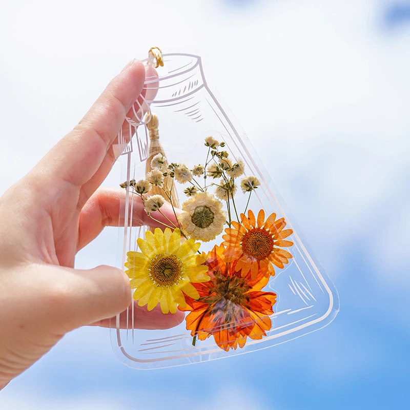 Marcapáginas transparente creativo para estudiantes, botella en relieve, Clip y pasta, paquete de pegatinas de herbario, marcapáginas de flores secas