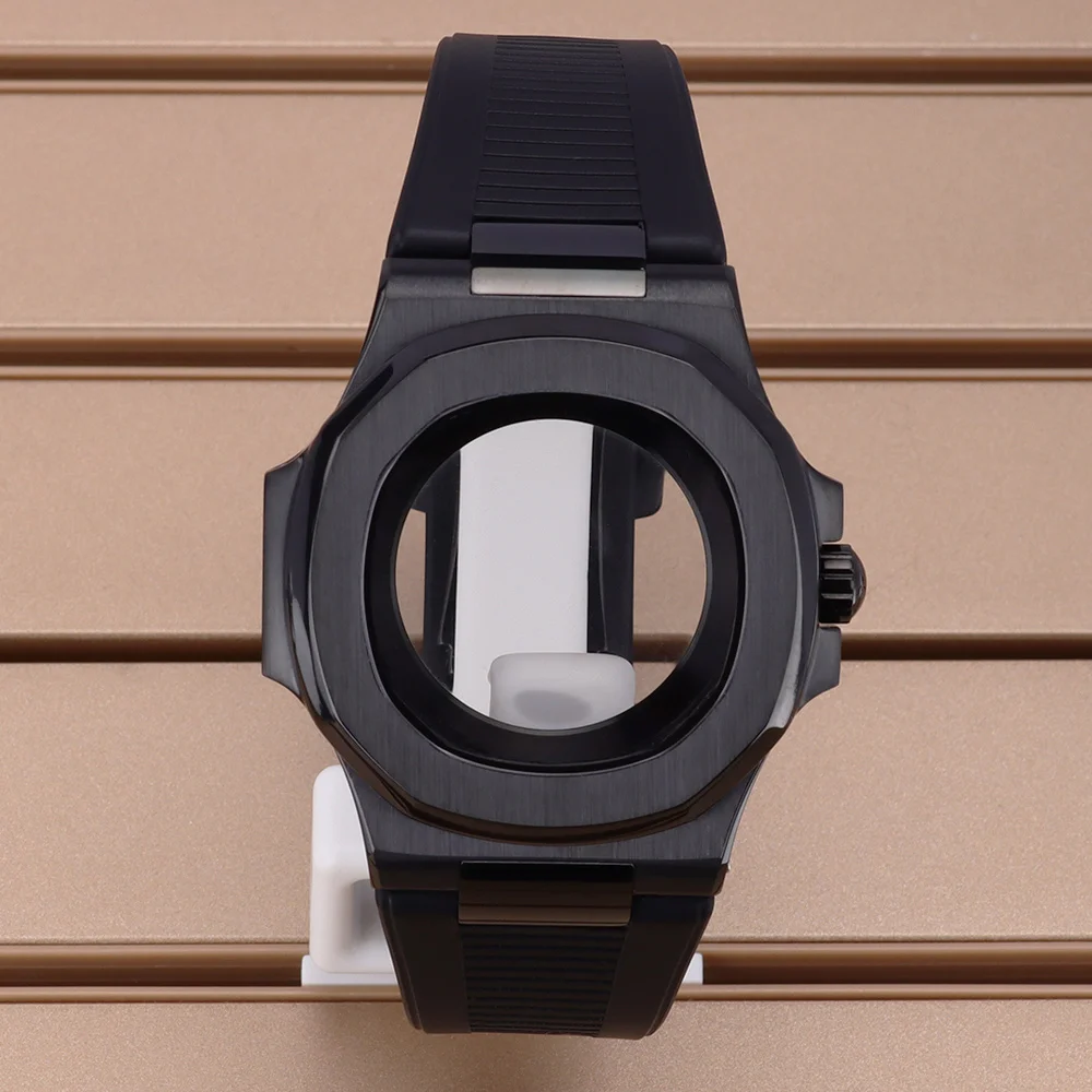

40MM Black Square Watch Case Transparent Back Rubber Bracelet For Nautilus NH35 NH36/38 4R36 Movt Sapphire Glass Waterproof Part