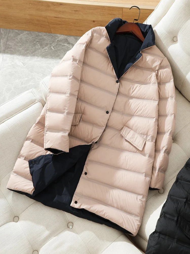 FTLZZ Winter Women Double Sided Coat Female 90% White Duck Down Coat Casual Loose Stand Collar Single Breasted Long Jacket