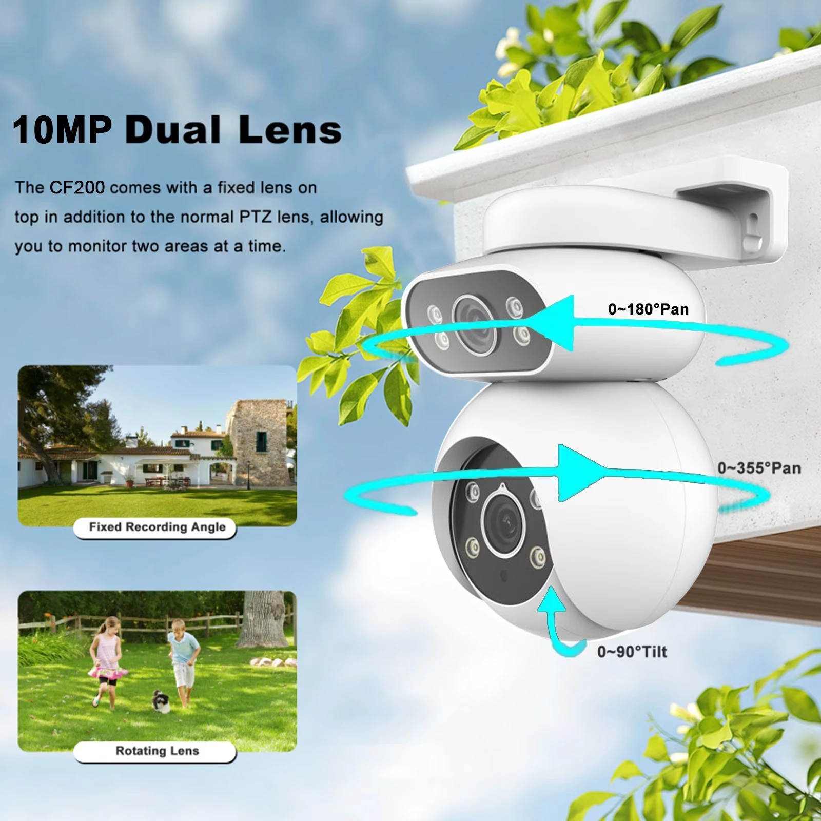 Dual-Lens Dual-Screen 10MP Security Camera 5K PTZ Outdoor WiFi Cam with AI Human Detection Auto Tracking, Wireless Surveillance