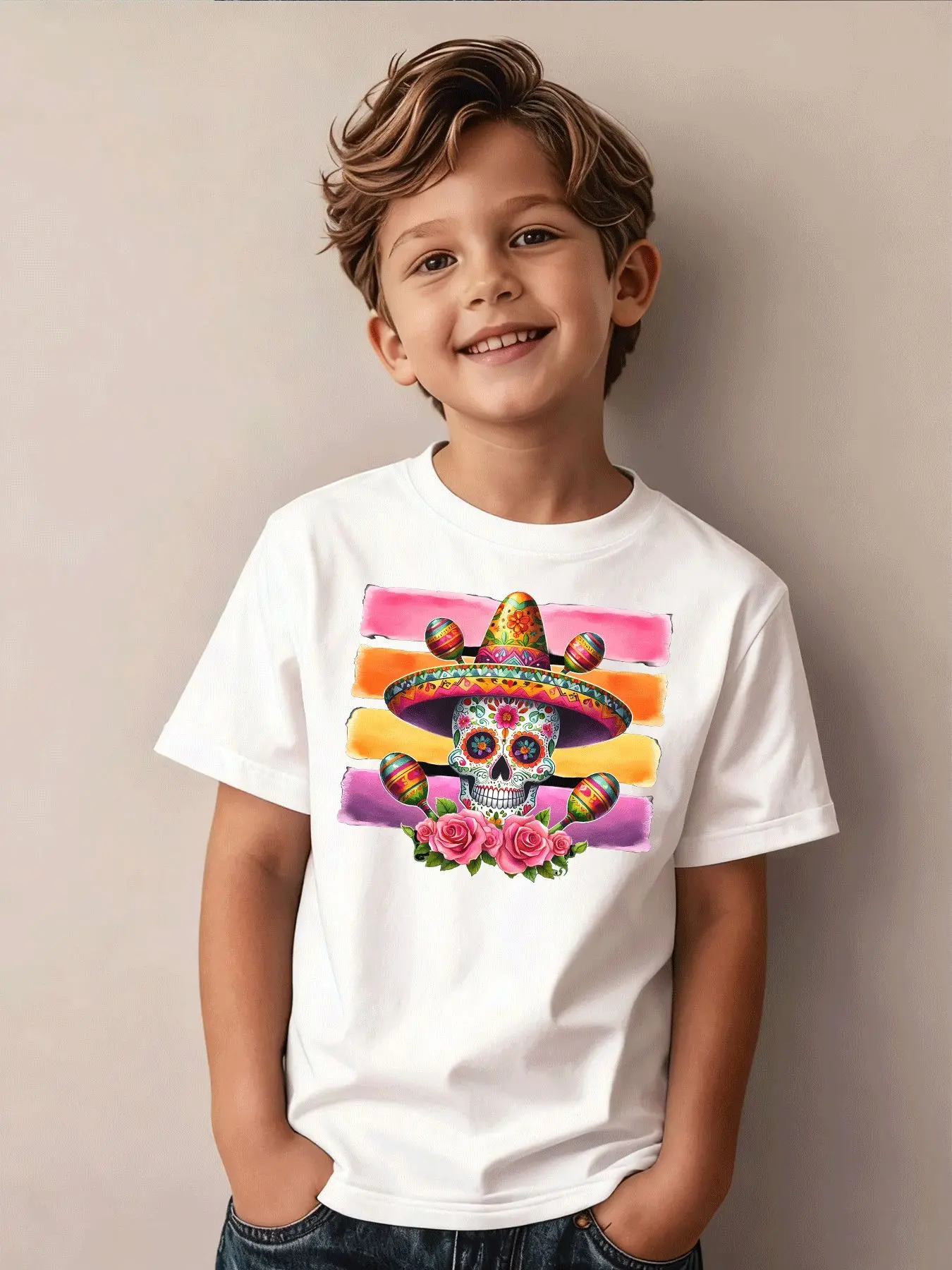 Day of The Dead Sugar Skull Mexican Straw Hat Sand Hammer Rose Pattern Printed Children's T-shirt Party Holiday Casual Fashion