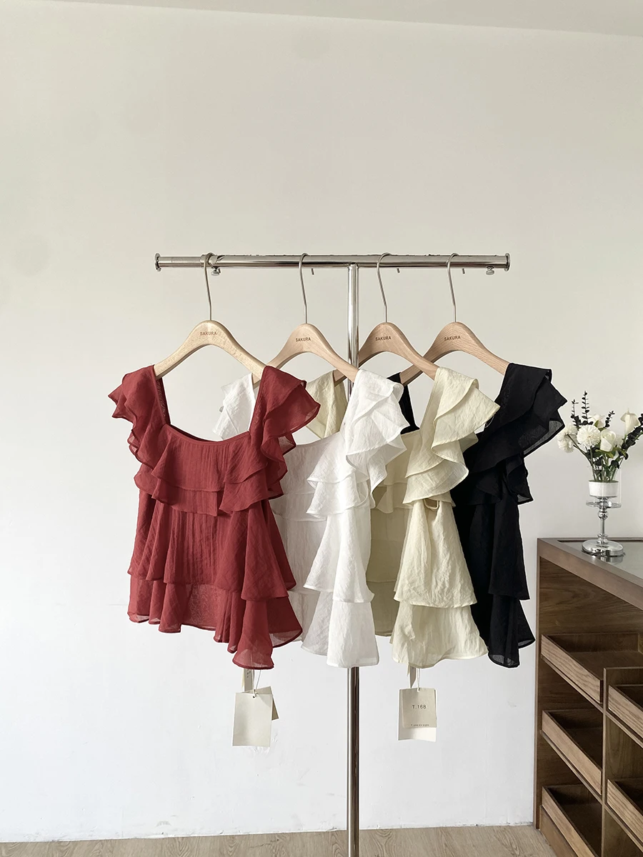 

Лето 2023, женские свободные кроя с квадратным воротником Flng Sves Le Sweet And Spicy Sle, корейская мода