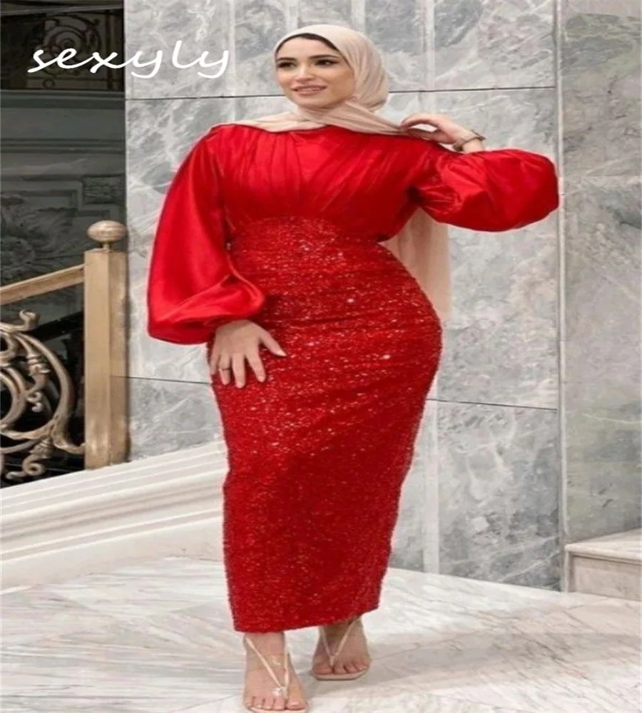 

Sparkle Red Sequin Muslim Evening Dress 2023 Arabic Ankle Length Long Sleeve Dubai Prom Dresses Luxury Cocktail Graduation Wear