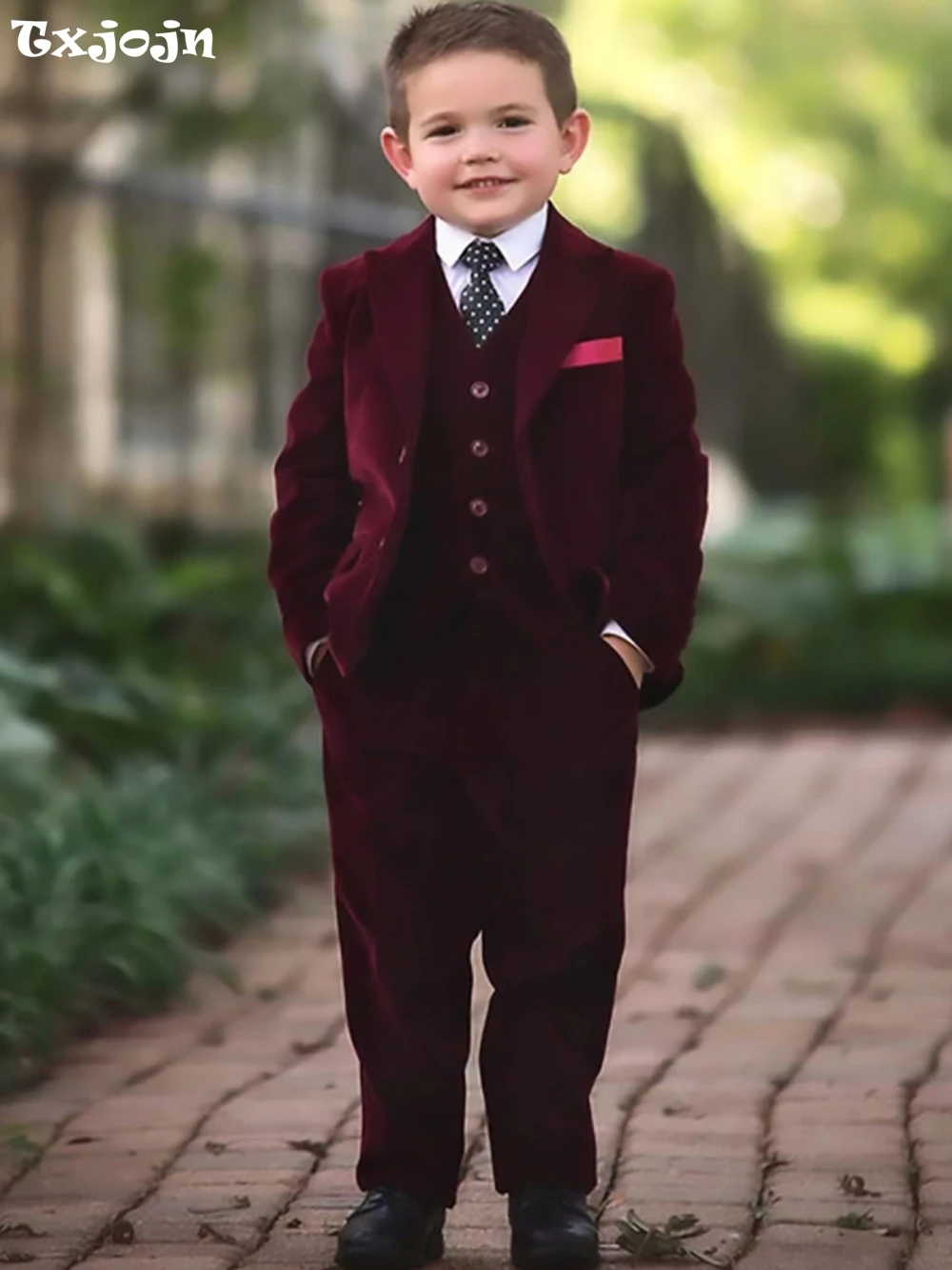 Txjojn Burgundy Boys Velvet Suits 3 Pieces Stylish Comfortable Kids Suit Set New Child Regular Fit Tuxedo For Formal Occasion