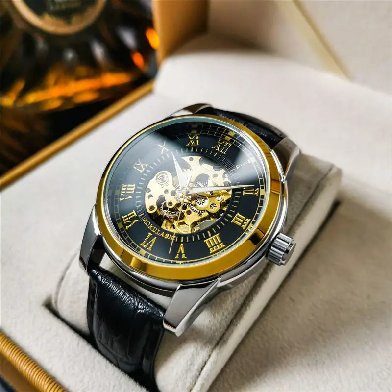 Elegant Men's Automatic Mechanical Watch with Skeleton Design - Leather Strap, Roman Numeral Dial, Automatic Movement, Perfect for Business and Casual Wear, Ideal Gift for Young Men, Business Casual Men's Watch | Skeleton Watch with Hollow Design | Durable Watch, Watch Accessories, No Battery view 3