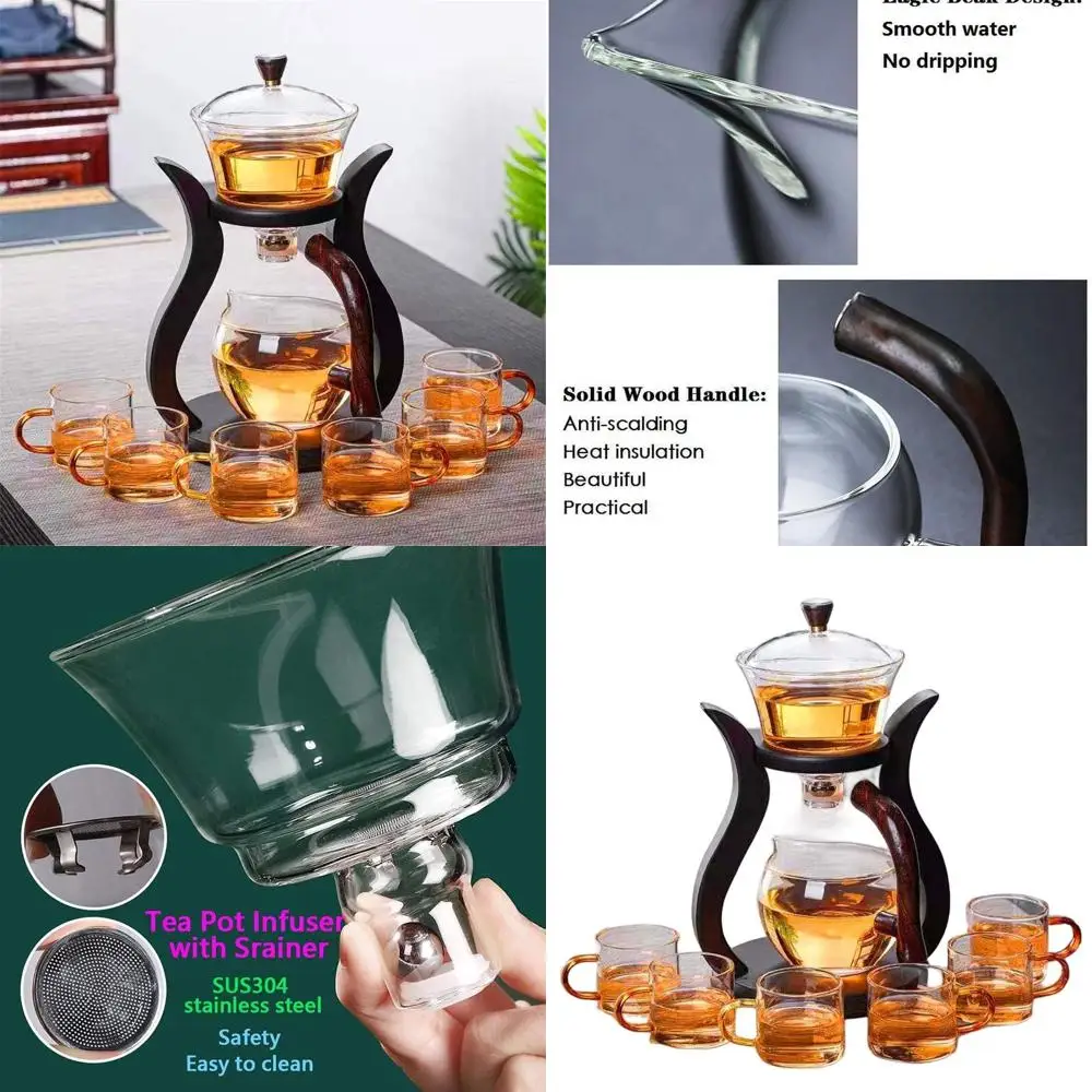 

Semi-Automatic Lazy Kung Fu Glass Tea Set with Rotating Infuser and 6 Cups