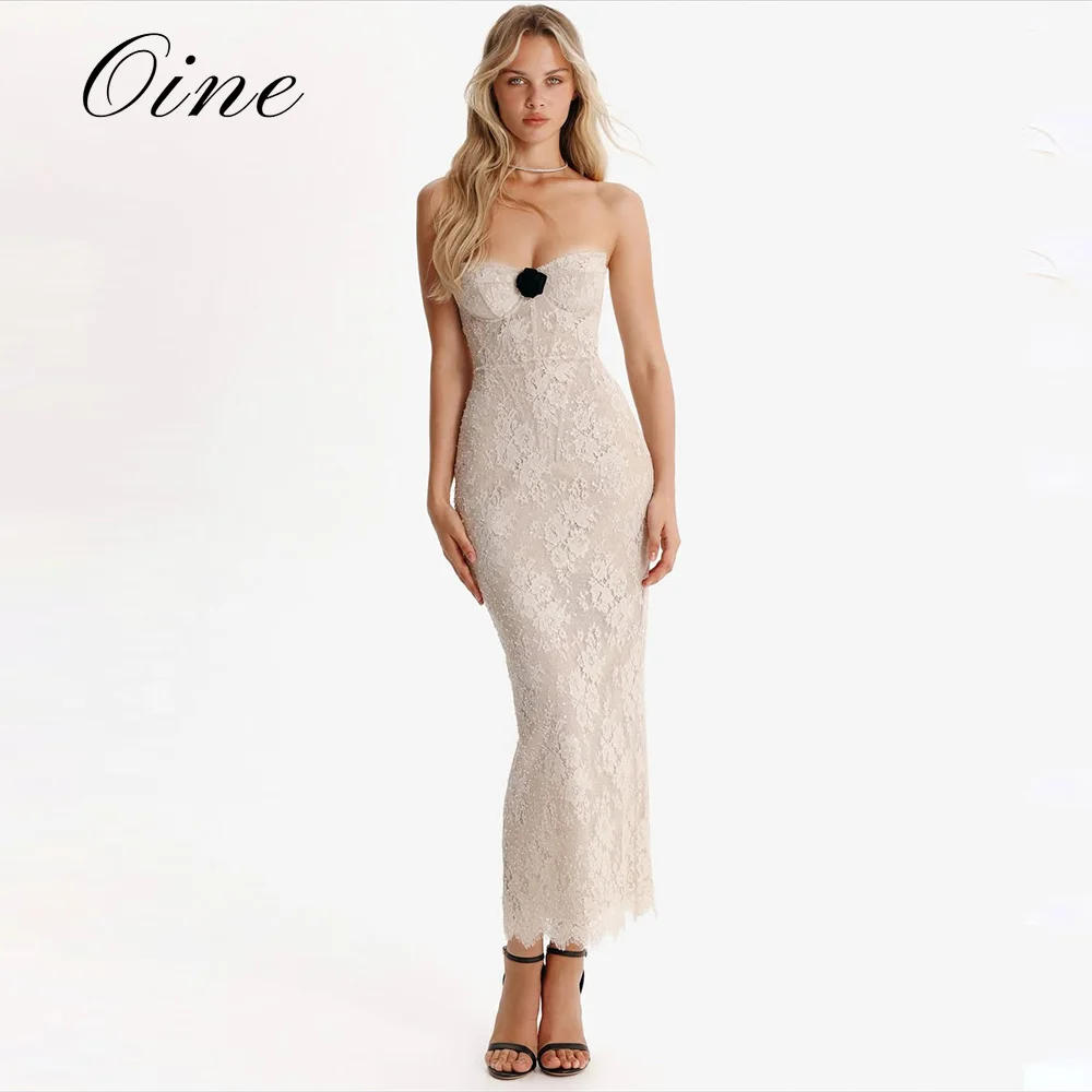 Oine 2026 Lace Strapless Straight 3D Flowers Evening Dresses With Sleeveless Ankle-Length Formal Elegant Party Dress Customized