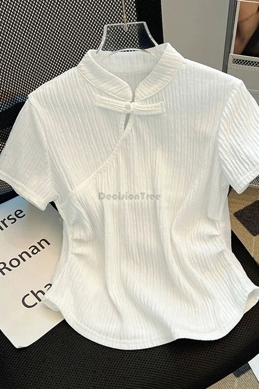 

2025 summer new chinese style stand collar traditional cheongsam button short sleeve t-shirt women slimming qipao short top