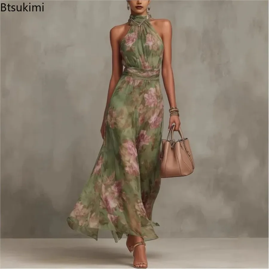 Neues Blumenmuster Damen Ärmelloses Neckholder-Maxikleid Sommer Mode Hochgeschlossener Ausschnitt Geraffte Taille Elegantes Urlaubsparty-Kleid Femme