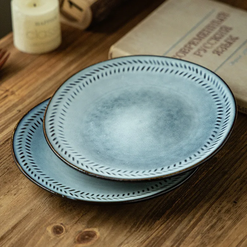 

Kiln Turned Blue Light High Aesthetic Gradient Ceramic Household Circular Vegetable Tableware Plate Restaurant Dessert