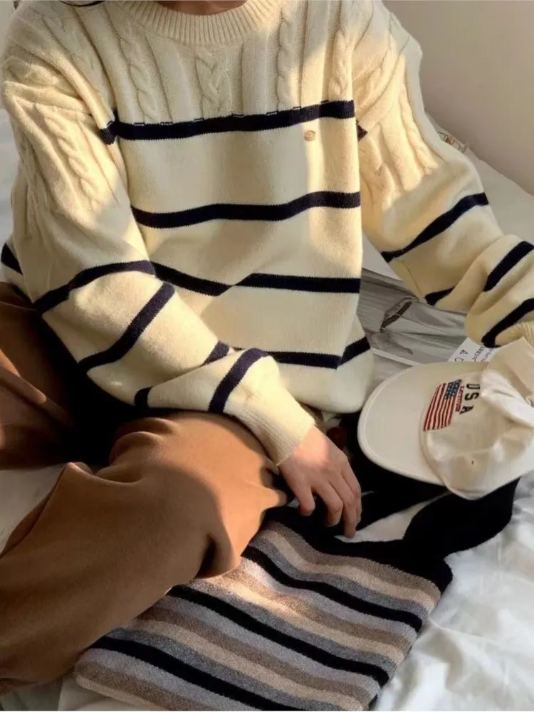 Striped Knitt Pullovers Sweater Women 2023 Autumn Winter New Chic Vintage Casual Loose Warm Jumpers Long Sleeve O Neck Pullover