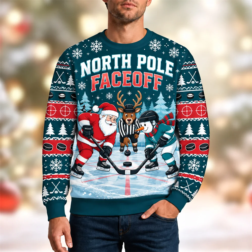 Santa Claus Playing Ice Hockey Print Ugly Sweatshirt Mens Funny Text Humour Crewneck Pullover Sweatshirt Gifts Ice Hockey Fans