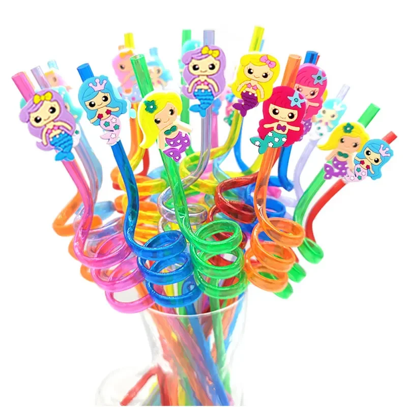 8pcs 26cm Cartoon Animals Mermaid Plastic Straws Reusable Fishtail Spiral Drinking Straw for Kids Birthday Party Supplies