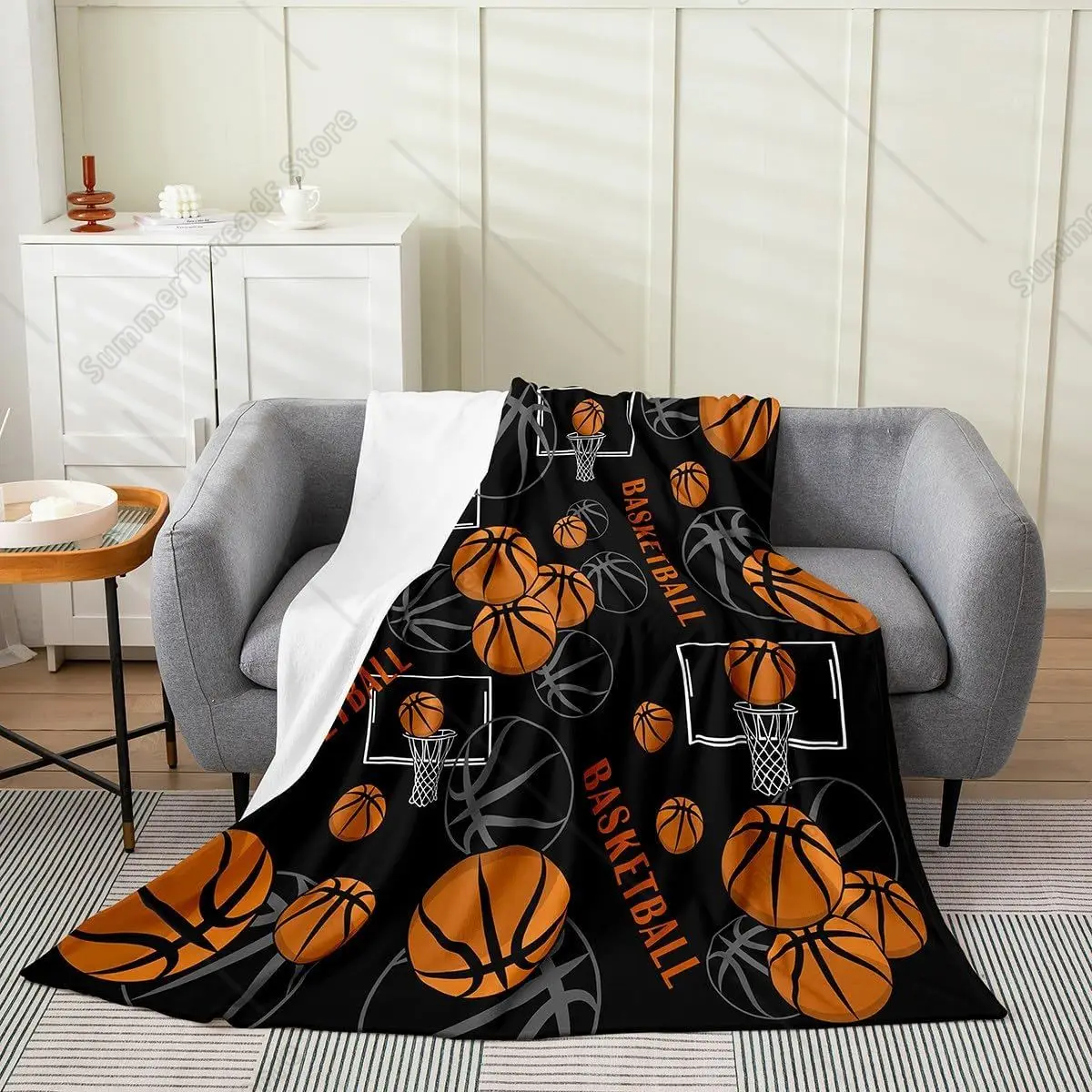 Cartoon Basketball Print Flannel Fleece Blanket Throw Size,Super Soft Cozy Ball Gaming Plush Blankets