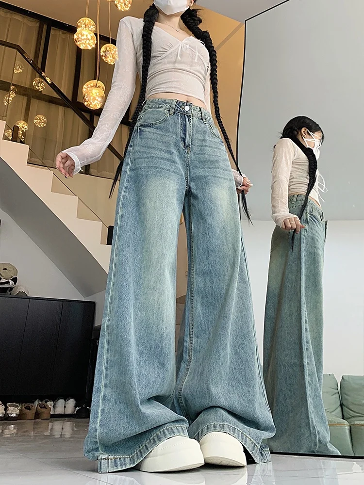 

Ретро джинсы с высокой талией и широкими штанинами, женские свободные брюки в пол, повседневные, из смесового хлопка, А-силуэт, для полных женщин