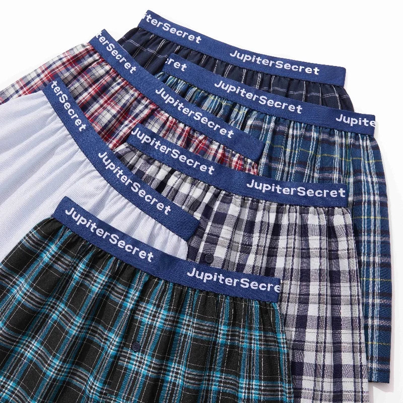 Jupitersecret  6pairs Men's  Plaid Boxer Shorts Casual Woven Boxer Shorts With Elastic Waistband Comfortable Underwear