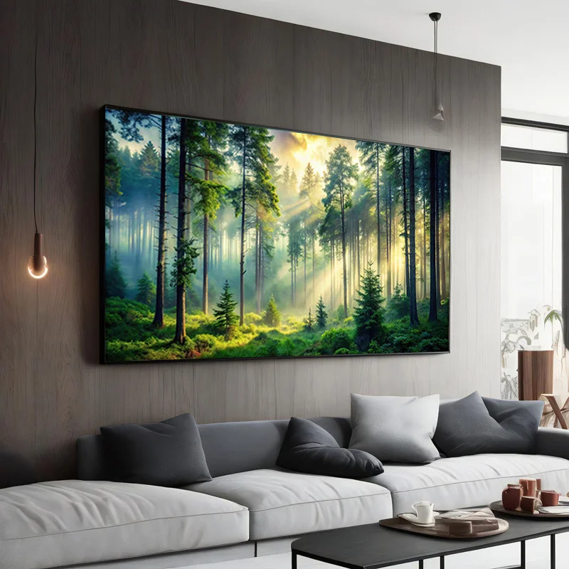 Frameless Canvas Sunlit Forest Art Print -  Modern Abstract Wall Decor for Living Room, Bedroom, Kitchen | Vibrant Pine Tree Pos