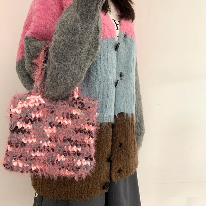 Contrast Color Fluffy Knitted Shoulder Bags Streetwear Fashion Women Y2k Aesthetic Underarm Bag Kawaii Cute Purses and Handbags