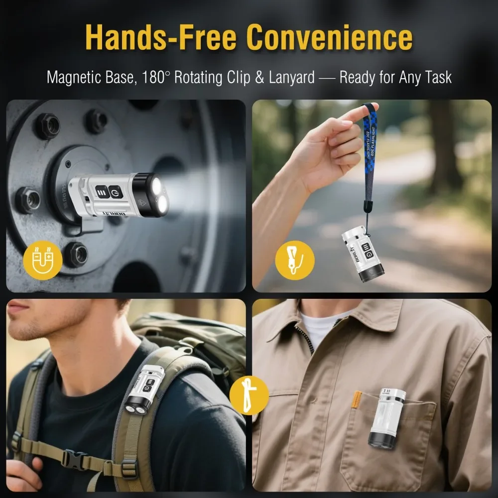 BORUiT U10 LED-EDC-Taschenlampe, 880 lm, superhelle Taschenlampe mit magnetischem Arbeitslicht, verwenden Sie AA- oder 14500-Batterien, Camping-Taschenlaterne