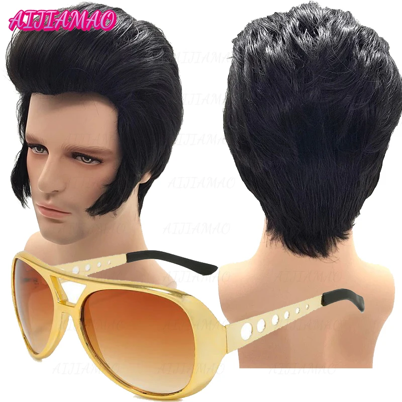 High Quality Mens Rock Singers  Aron Presley Cosplay Wig Party  Presley Black Synthetic Hair Wigs+ Wig Cap