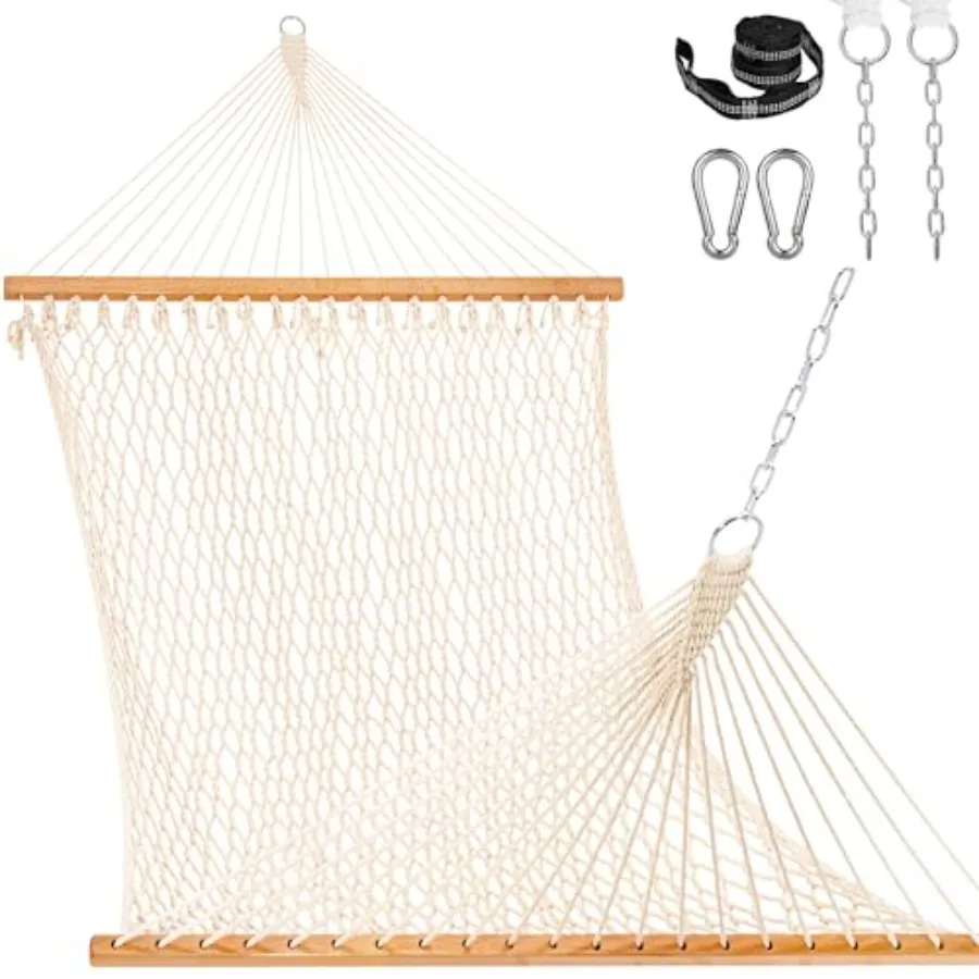12Feet Double Rope Hammocks, 2 Person Hand Woven Cotton Hammock with Spreader Bar for Outside, Patio, Poolside, FIT 13-15 Feet