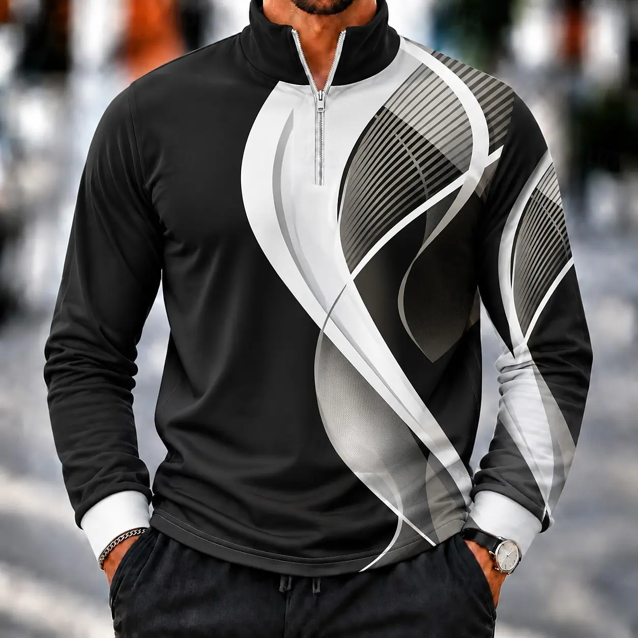 Men 1/4 Zip Sweatshirt Abstract Curve Stripe Print Casual Long Sleeve Pullover Tops