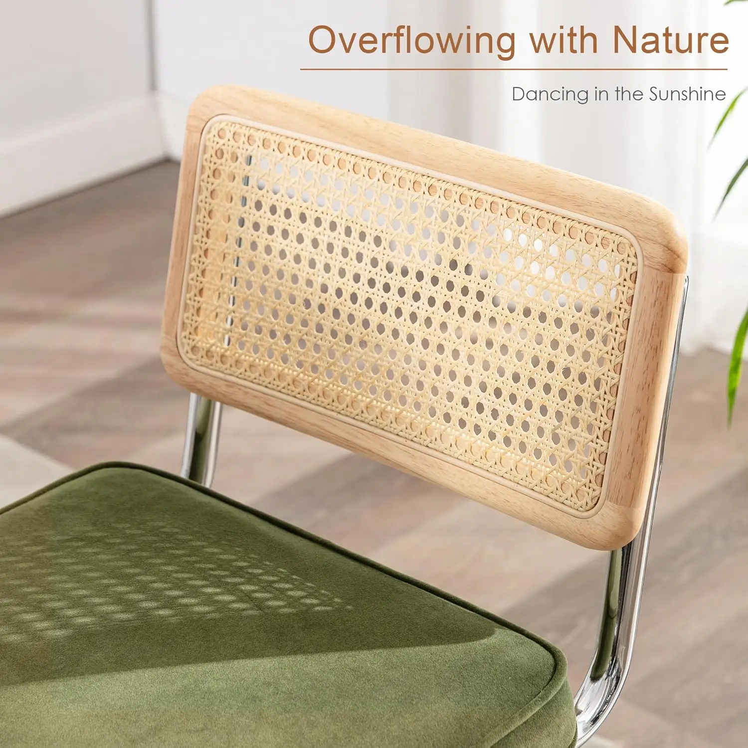 Natural Rattan Bar Stools Set of 2, 26'' Modern Boho Counter Stools, Velvet Counter Height Chairs with Solid Wood Back