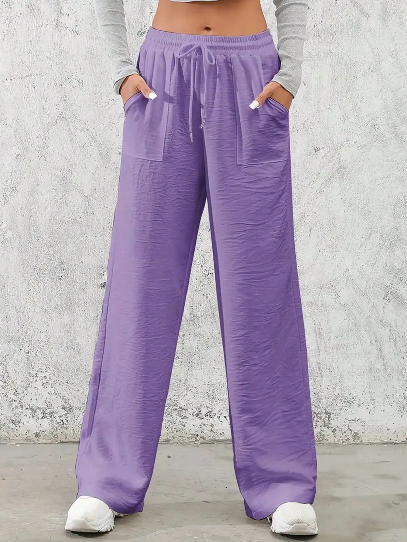 Women's Solid Color Textured Straight Pants Regular Fit Woven Long Trousers with Pockets Casual Summer Daily Wear 2026