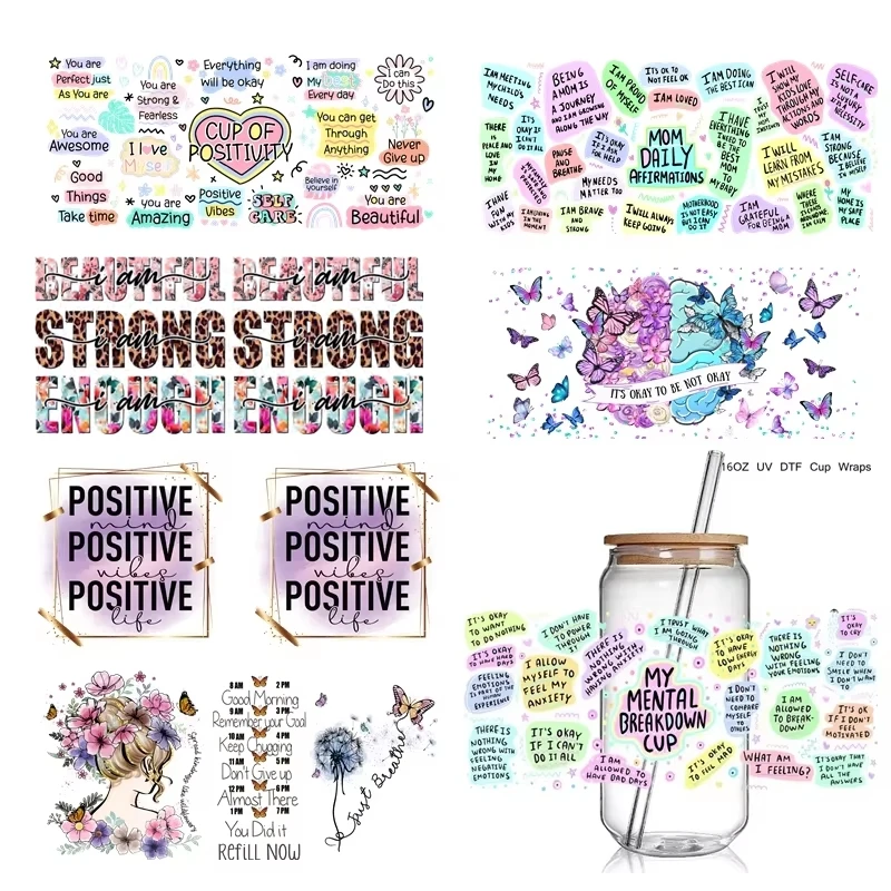 

28+ Fashion Trending Daily Inspirtion Design Positive Affirmation 3D UV DTF Cup Wrap Transfers Stickers Mental 16oz Glass Wrap