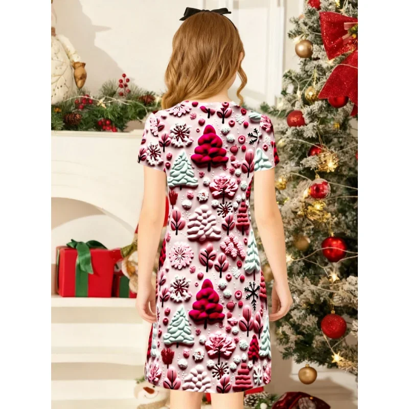 Girls Christmas Three-Dimensional Forest Print Short-Sleeved Party Dress Sweet Children's Festival Dress 2026