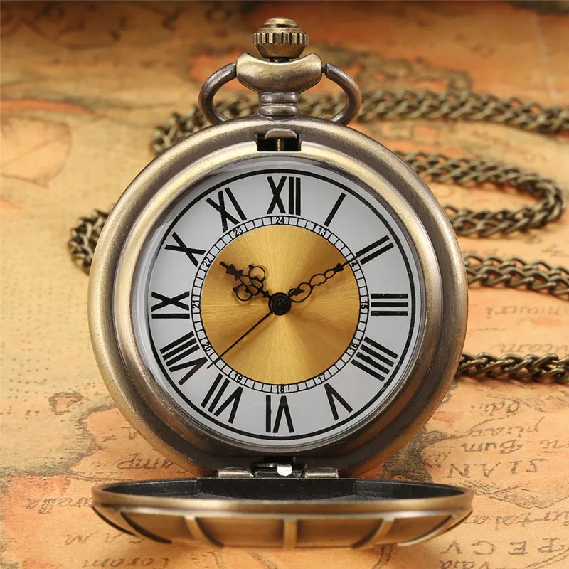 Bronze Transparent Cover Pocket Watch Men Women Quartz Movement Clock Roman Number Dial Necklace Chain Gift Reloj