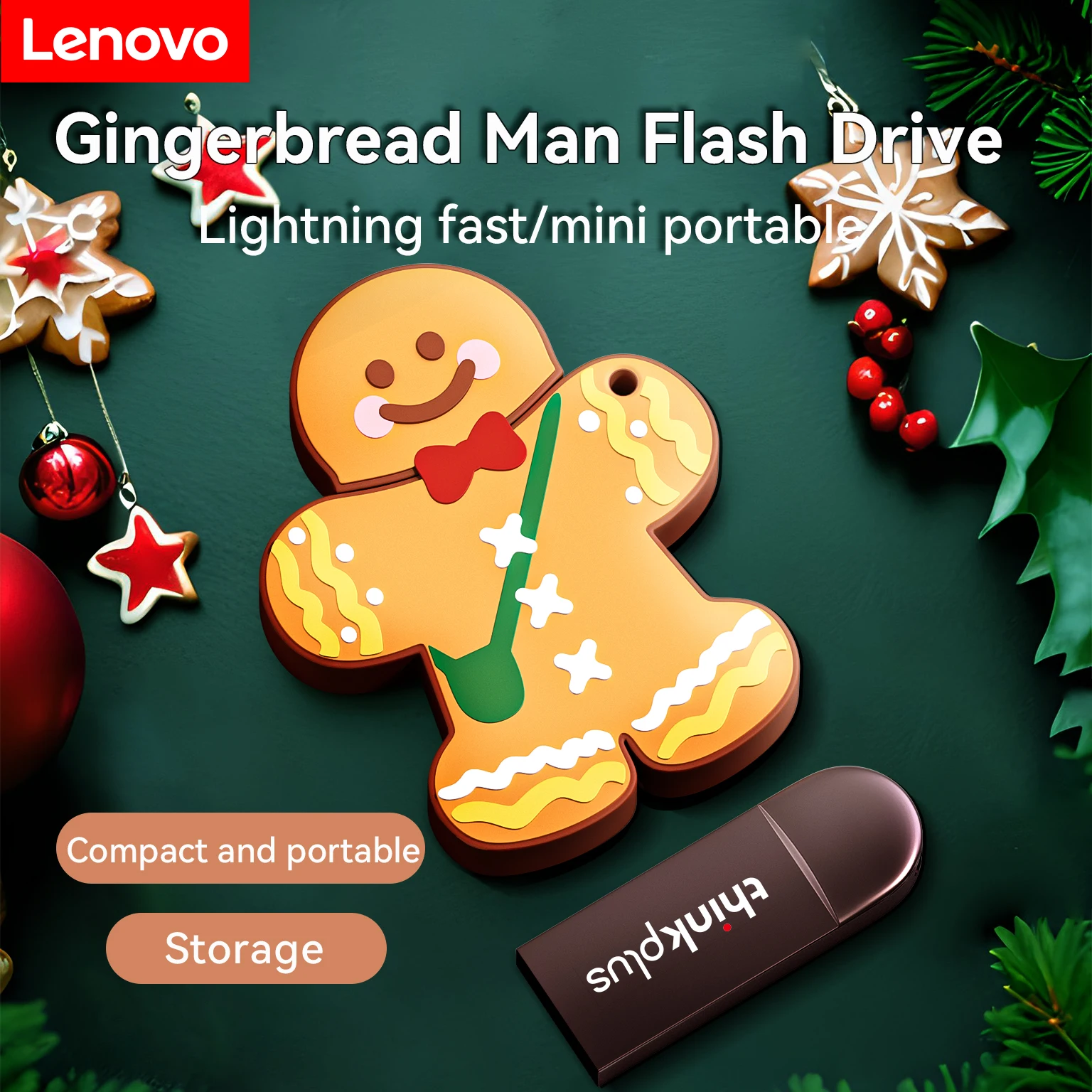 

Lenovo USB 2.0 Flash Drive Metal U Disk with Gingerbread Man Silicone Case Portable Memory Stick for Data Storage Backup & Gift